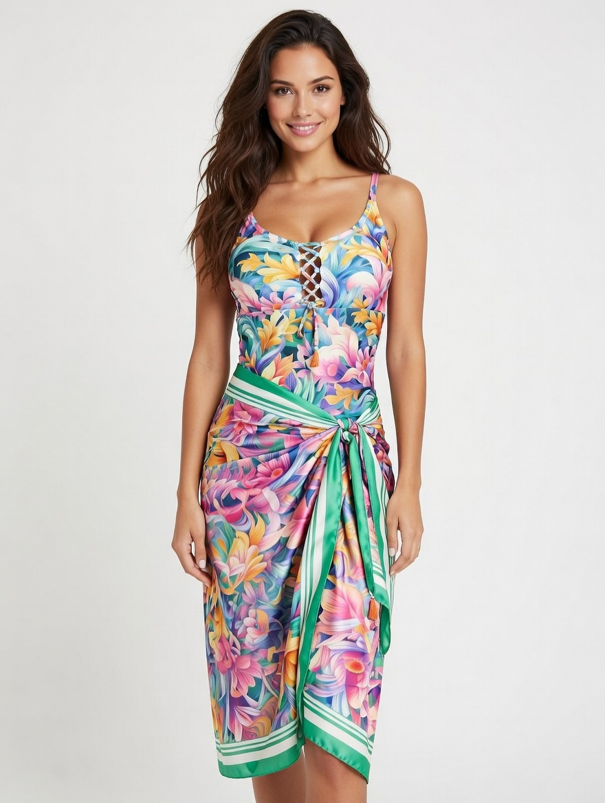 Vestido Jardín de Coral con pareo verde